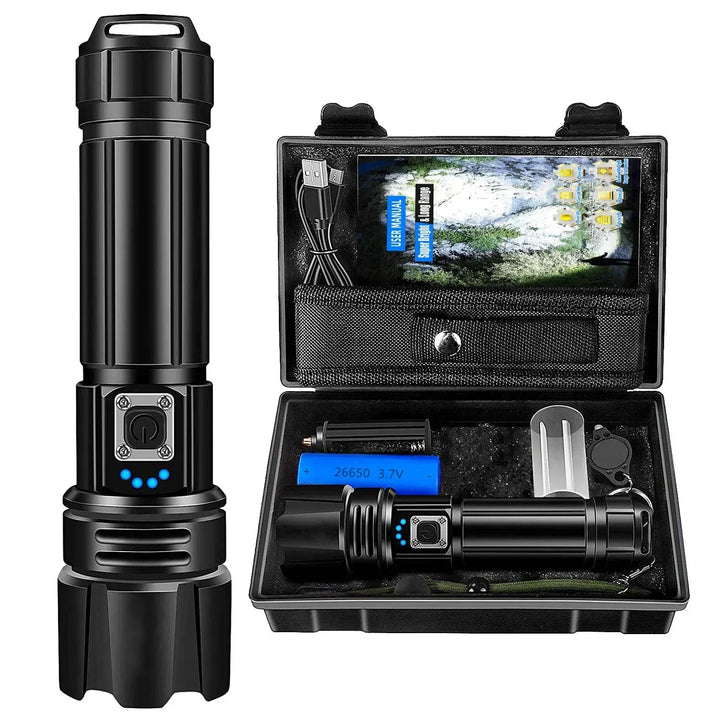 Portable ultra-bright LED torch, rechargeable, 5 versatile modes for hiking, camping, & emergency.