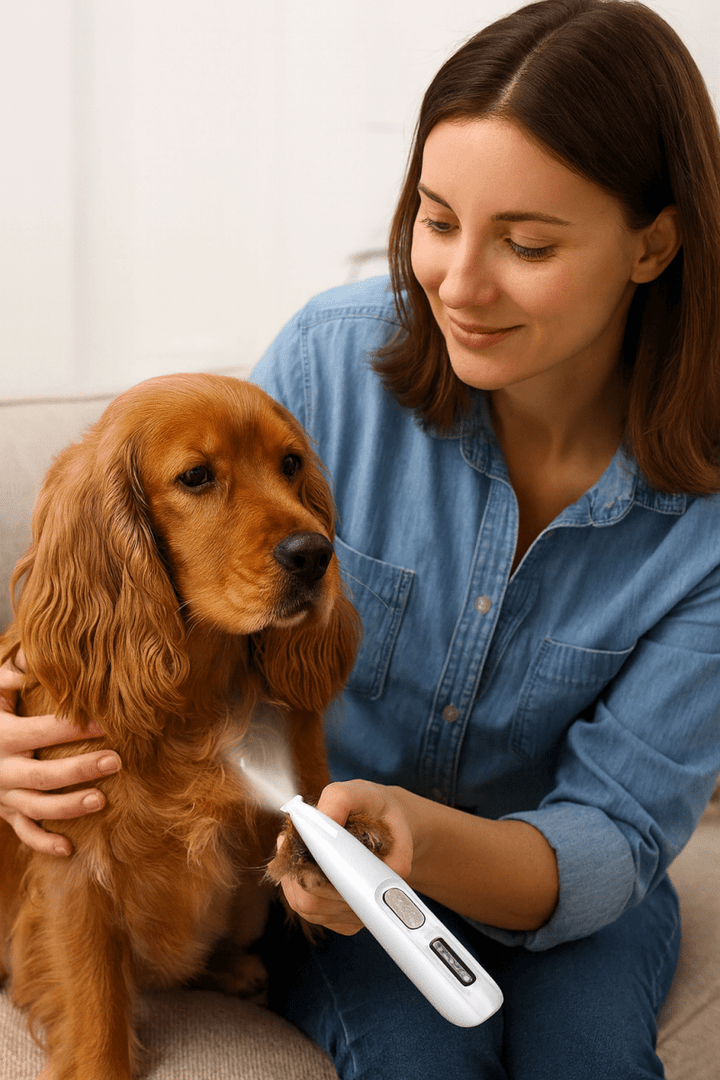 Cordless pet grooming trimmer with ceramic blade & LED for sensitive dogs & cats. Quiet, USB rechargeable pet clipper.