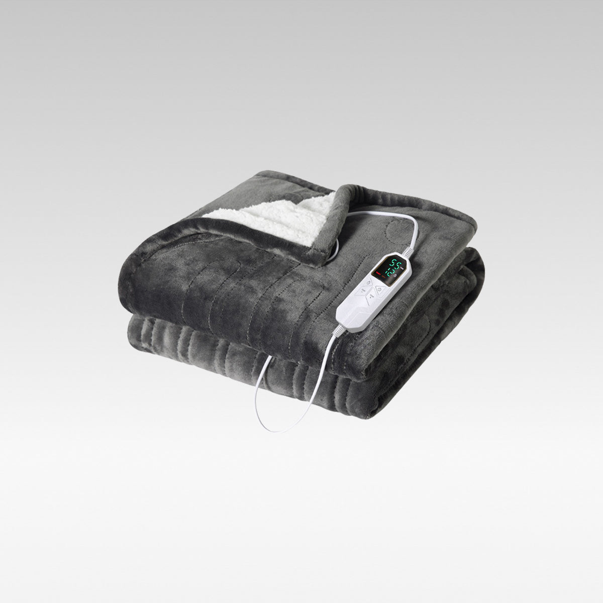Ultra-soft electric heated blanket, grey flannel sherpa, for warm winter travel or camping
