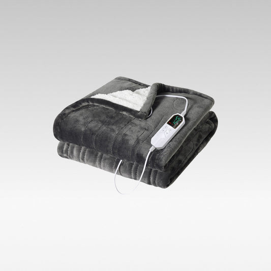 Ultra-soft electric heated blanket, grey flannel sherpa, for warm winter travel or camping