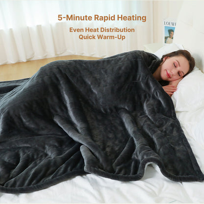 Heated travel blanket, folded on a car seat, illustrating its compact portability for winter trips