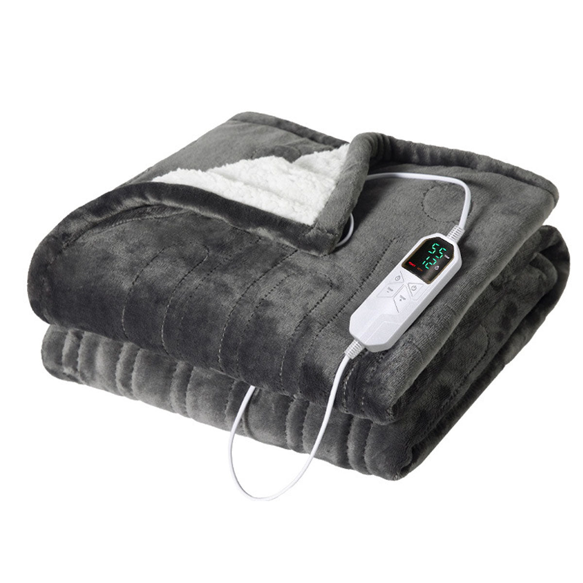 Electric heated blanket, spread out, showcasing its size and plush material for a snug warmth solution