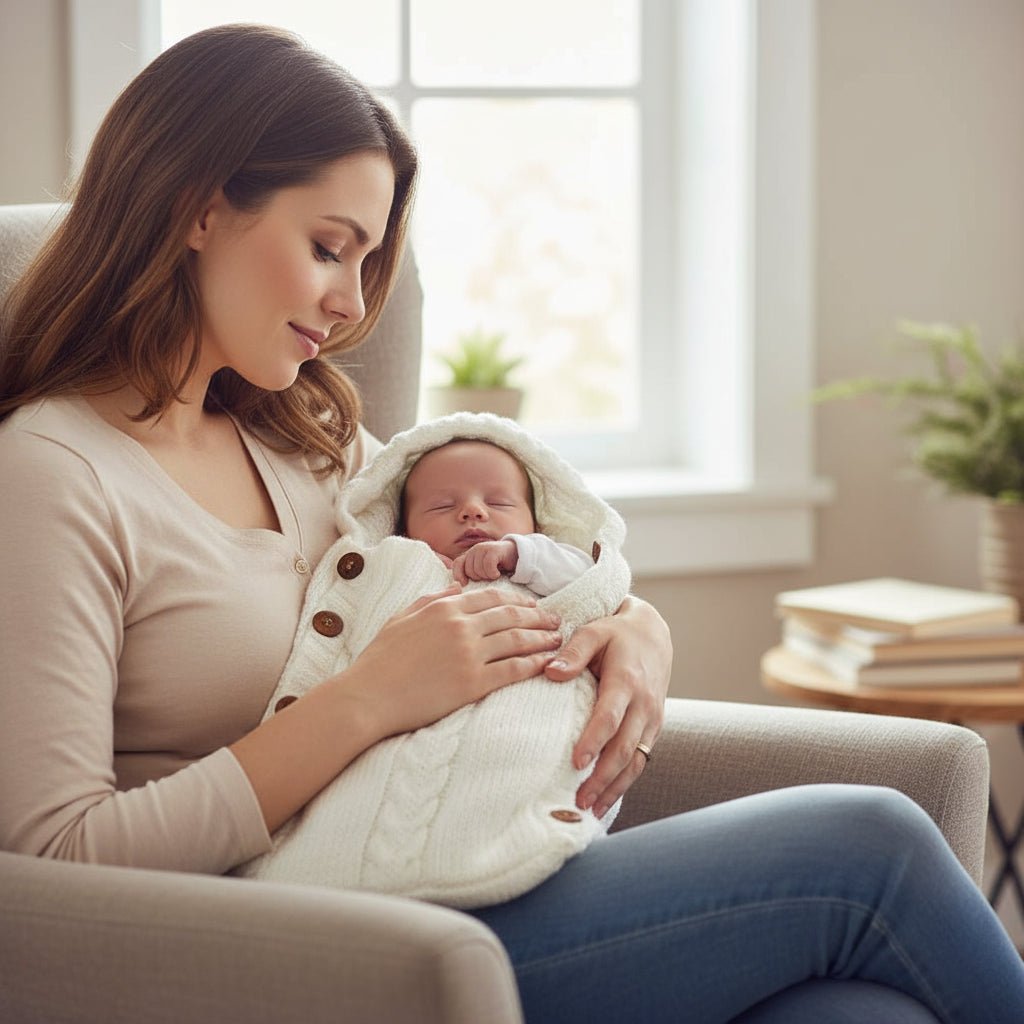 Cozy hooded acrylic baby swaddle wrap blanket for infants. Plush newborn comfort, neutral baby gift.