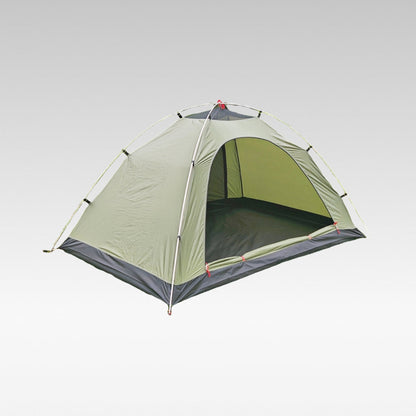 Ultralight 2-person dome tent in army green, perfect for backpacking and camping, setup in a forest.