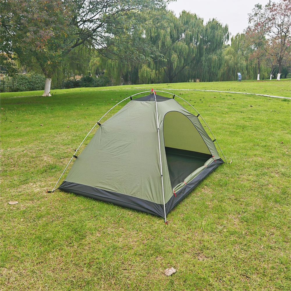 2-person ultralight camping tent, army green, with rainfly open, showcasing spacious interior for backpacking gear.