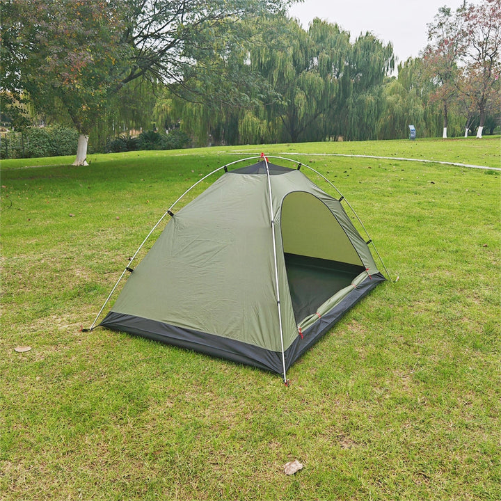 2-person ultralight camping tent, army green, with rainfly open, showcasing spacious interior for backpacking gear.