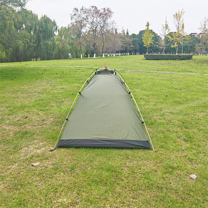 Close-up of ultralight 2-person dome tent fabric in army green, highlighting waterproof and durable materials.