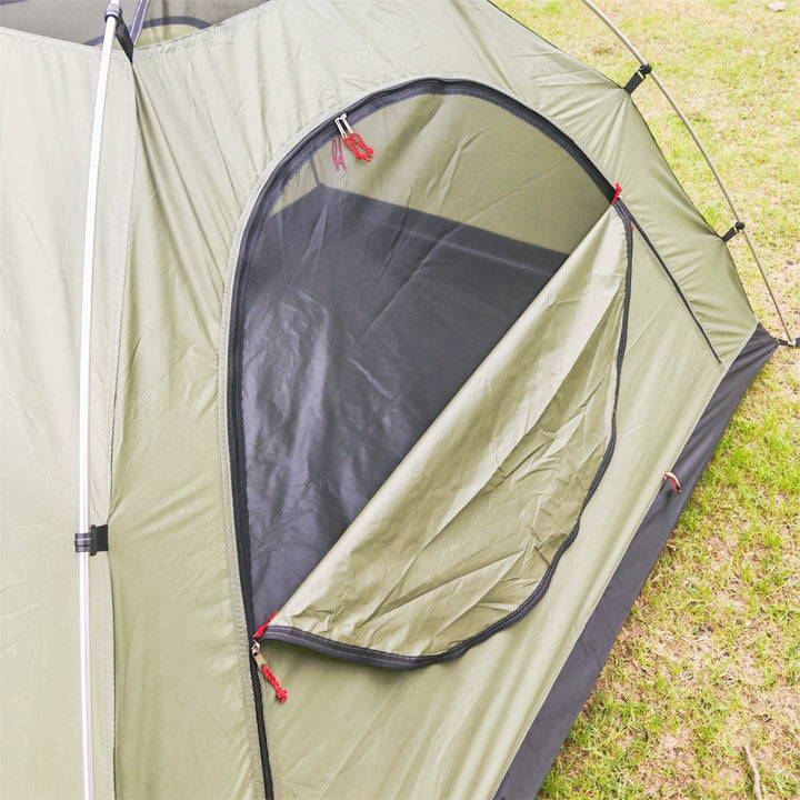 Ultralight 2-person dome tent setup with sleeping bags inside, demonstrating comfortable outdoor shelter.