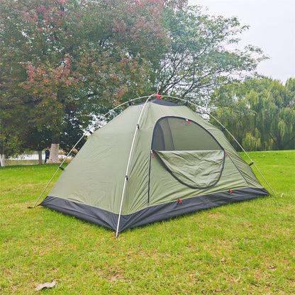 Front view of the army green ultralight dome tent, clearly showing the entrance and spacious design for two.