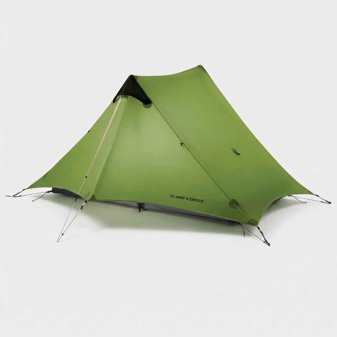 A-frame ultralight 2-person trekking tent set up in a forest, ideal for backpacking & 3-season camping.