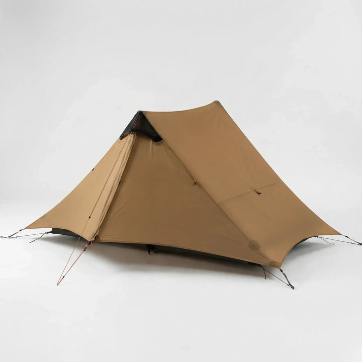 Ultralight 2-person backpacking tent pitched by a lake, perfect a-frame hiking tent for 3-season trekking.