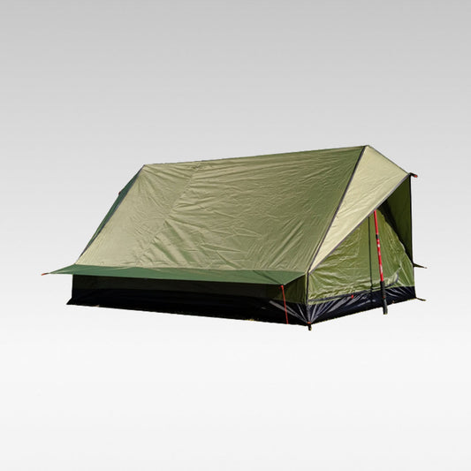 Ultralight A-frame trekking pole tent, solo setup, green in forest.
