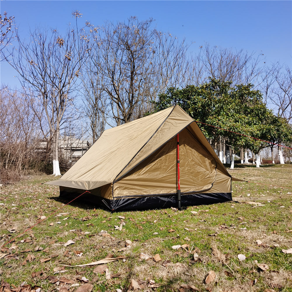 Close-up of the A-frame tent's ventilation system for airflow.