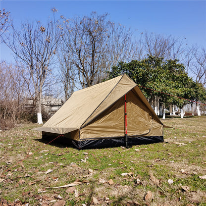 Close-up of the A-frame tent's ventilation system for airflow.
