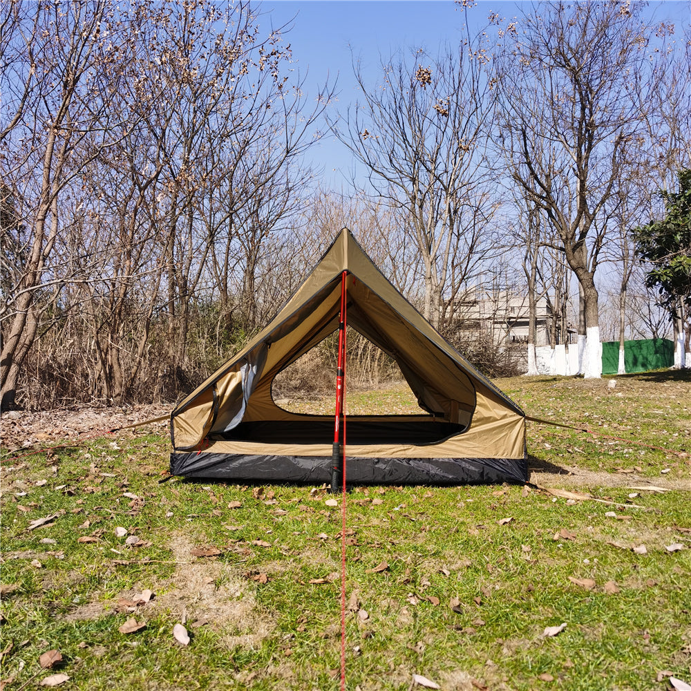 A-frame trekking pole tent with its vestibule area for gear storage.