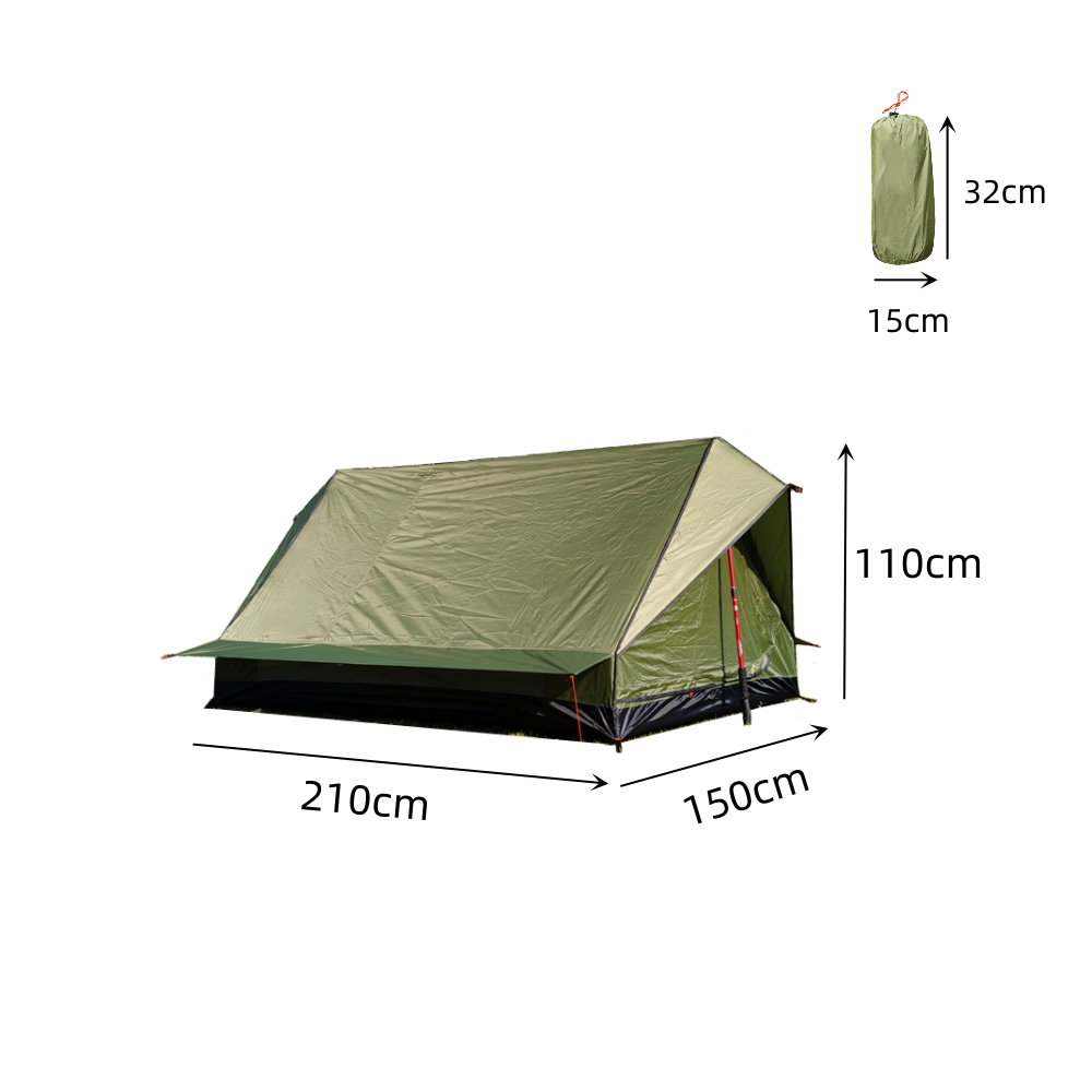 Duo A-frame tent with two sleeping bags inside, ready for the night.
