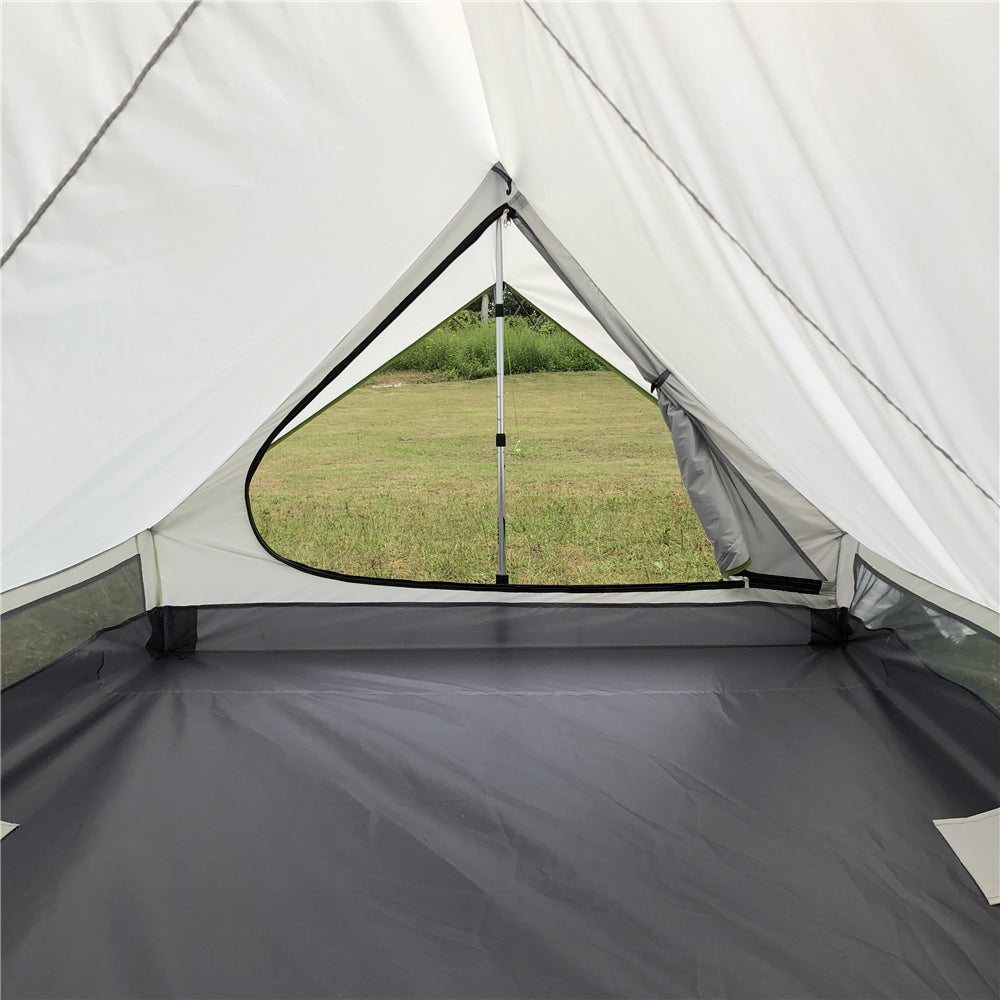 Interior view of the solo A-frame tent showing ample space for gear.