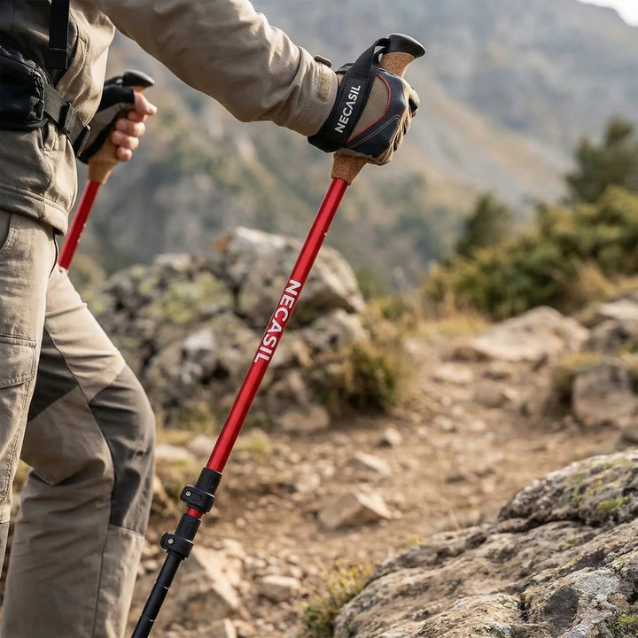 Ultralight adjustable trekking poles (pair) for hiking. Durable, collapsible outdoor gear for trail support.