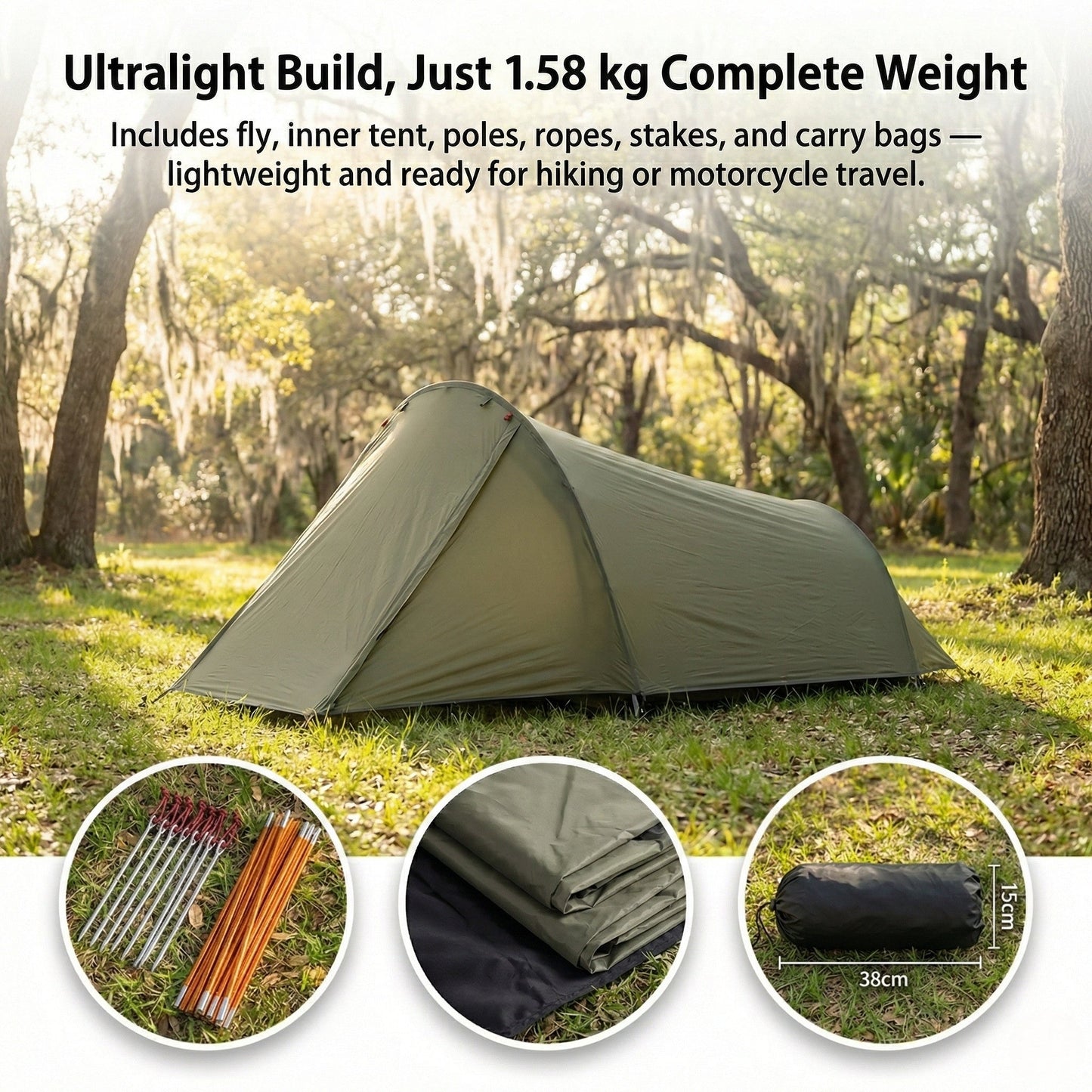 Waterproof 2-person ultralight tunnel tent, ideal camping shelter 1.58kg.