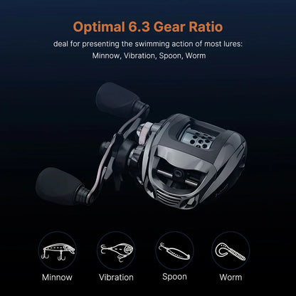 View of an ultralight baitcasting fishing reel, showcasing its robust build for long casts.