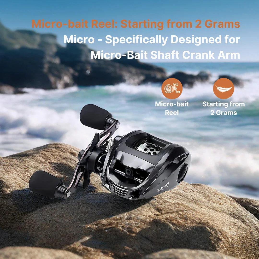 Compact ultralight baitcasting reel, ideal for smooth long distance fishing casts.