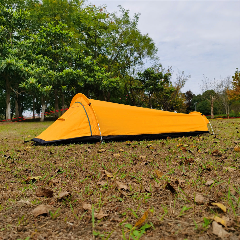 Overview of an ultralight bivy tent with its simple pole structure.