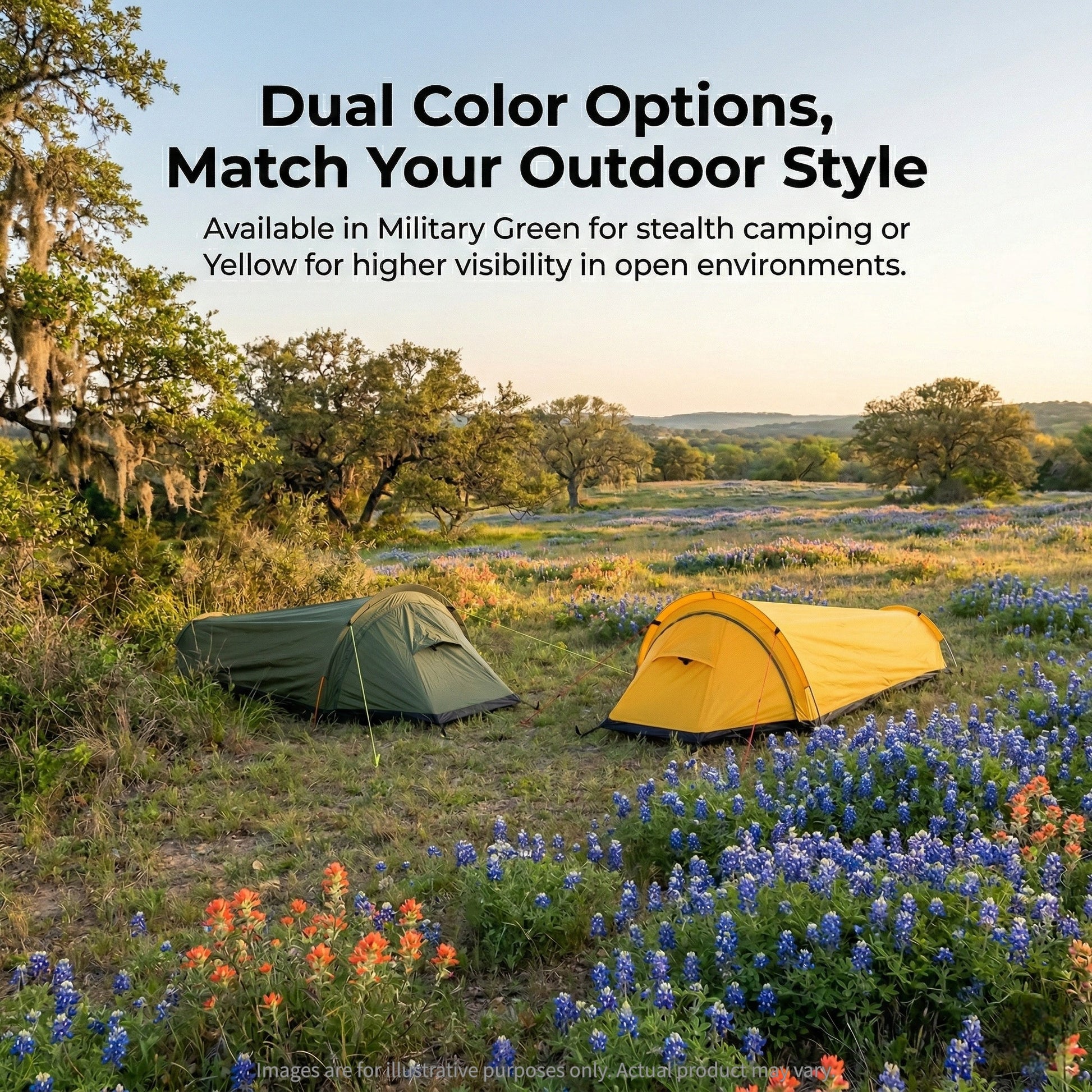 Ultralight backpacking bivy tent setup in a forest clearing, green color.