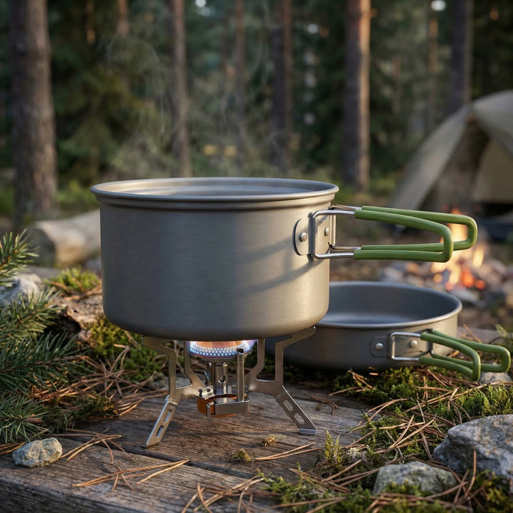 Ultralight camping cookware set for backpacking, hiking, and outdoor cooking. Portable mess kit for travel.