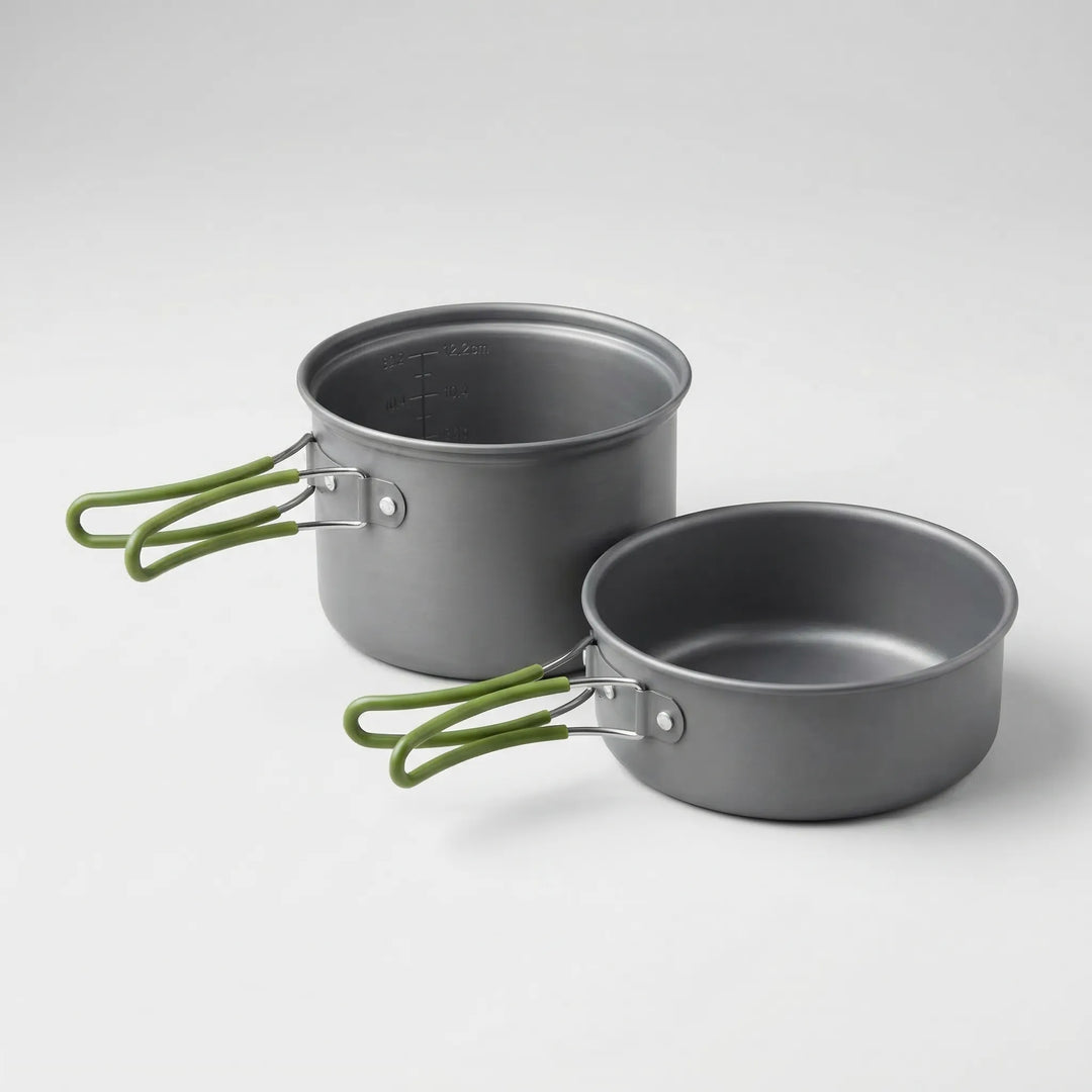Compact aluminum ultralight camping cookware set. Durable non-stick pots & pans for backpacking and travel cooking.