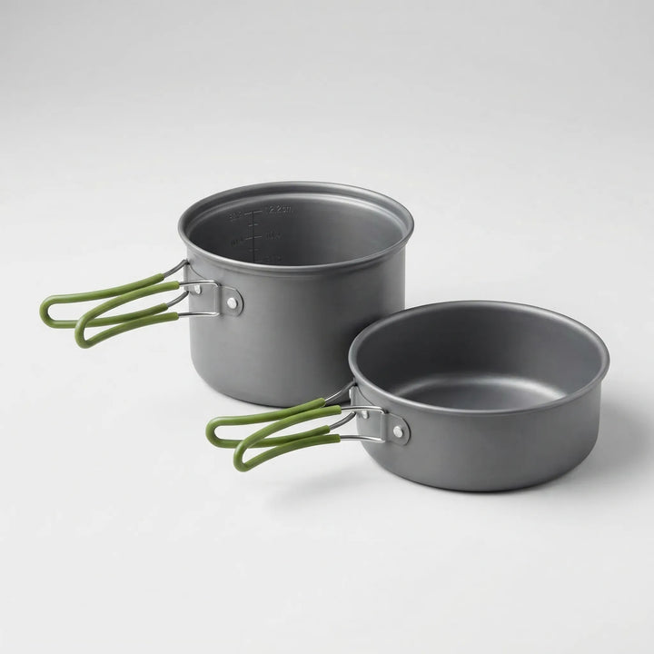 Compact aluminum ultralight camping cookware set. Durable non-stick pots & pans for backpacking and travel cooking.