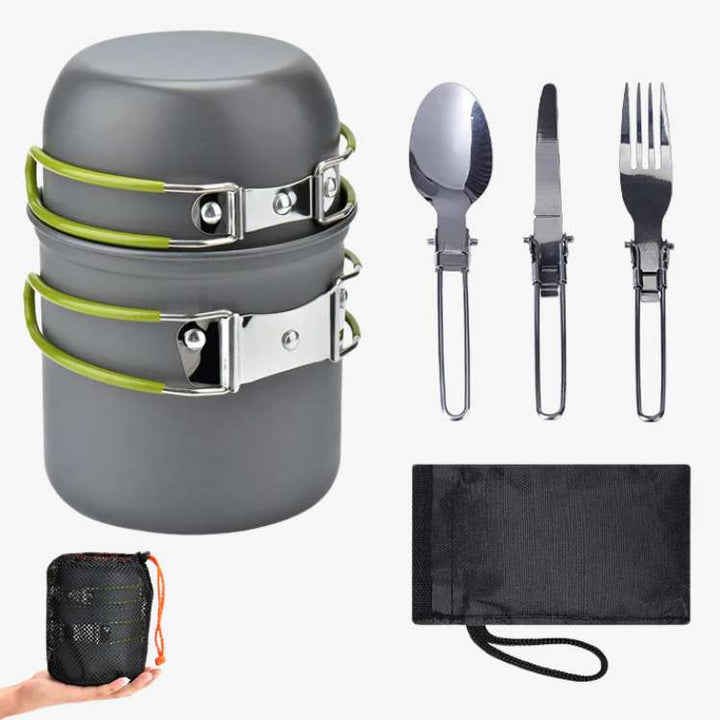 Ultralight camping cookware set with pots, frying pan, and utensils for outdoor cooking and backpacking.