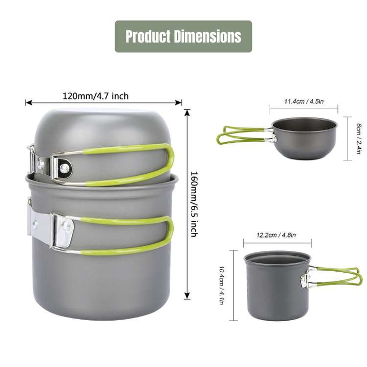 Backpacking cookware set with non-stick surface, folding handles, and mesh bag for easy transport.