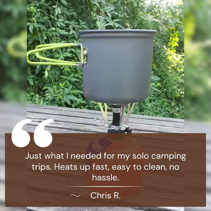Complete ultralight camp kitchen set including a pot, frying pan, and serving ladle for outdoor use.