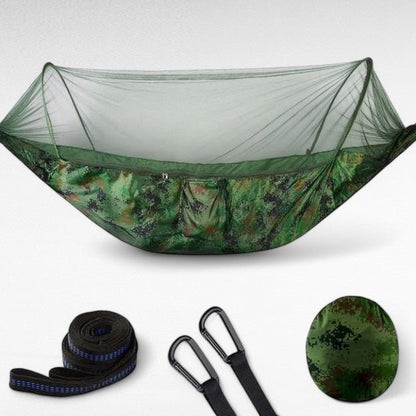 Outdoor camping hammock with an integrated mosquito net, providing essential protection for hikers & campers