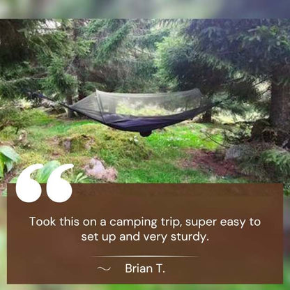 Comfortable camping hammock with an integrated bug net, ensuring an enjoyable and safe travel experience