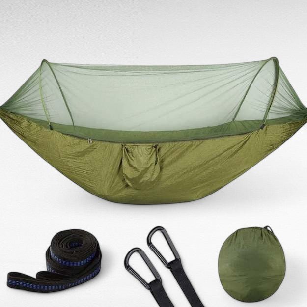 Functional camping hammock with integrated mosquito net, offering superior protection during outdoor camping