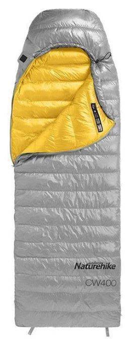 Ultralight duck down sleeping bag spread out, showing full length for comfortable winter camping