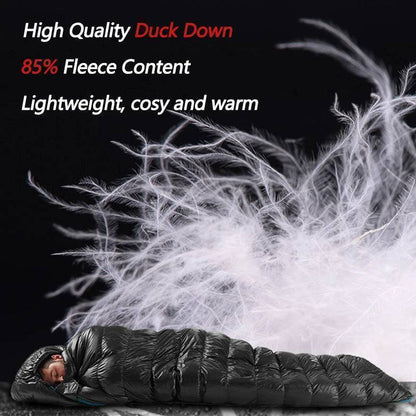 Portable ultralight duck down winter camping sleeping bag, ideal for hiking and outdoor survival