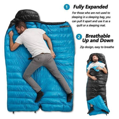 Warm duck down sleeping bag for winter camping, ultralight and compact hiking equipment