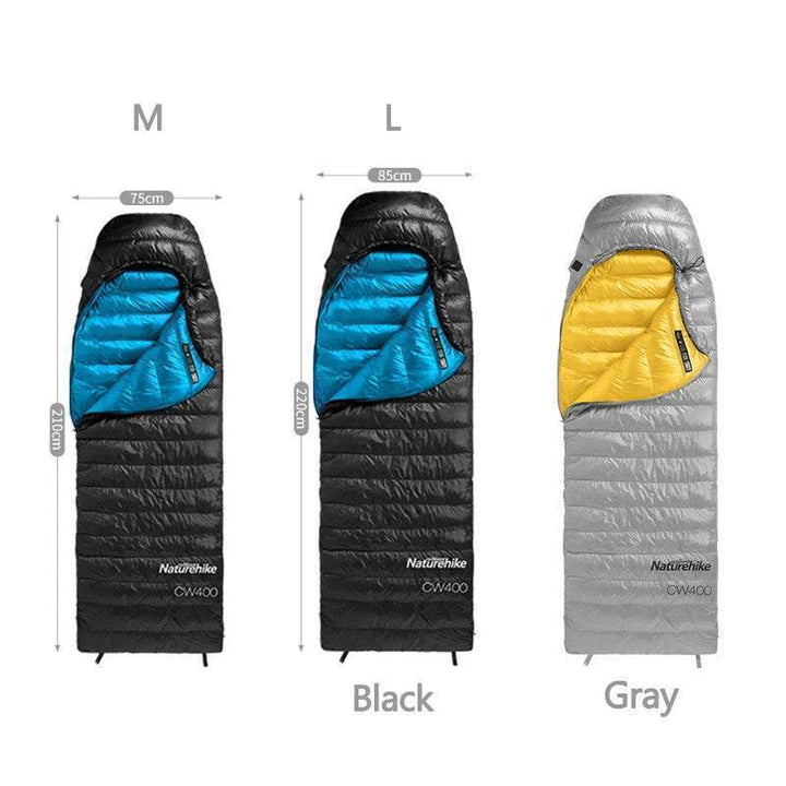 Person zipping up ultralight duck down sleeping bag, ready for cold winter camping nights