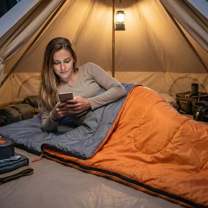 Ultralight envelope sleeping bag for adults, ideal for camping, hiking & travel.