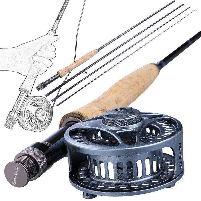 Close-up of the ultralight fly fishing rod handle and accompanying fly reel, essential angler gear.