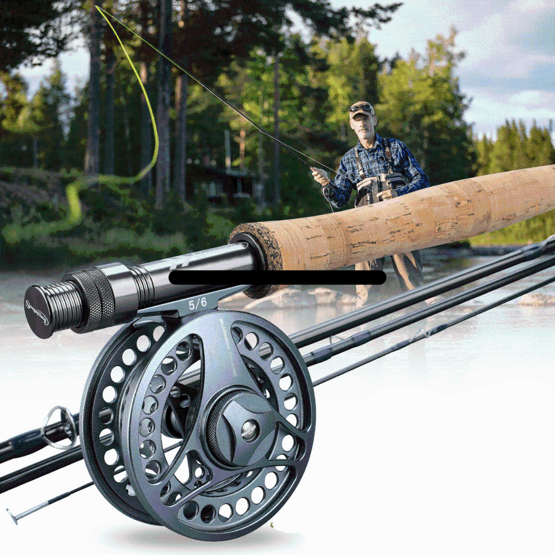 Fishing gear: Ultralight fly fishing rod and reel combo, ready for an angler's next outdoor fishing trip.