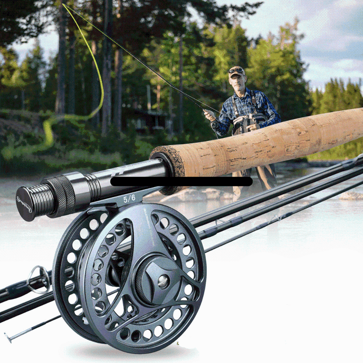 Fishing gear: Ultralight fly fishing rod and reel combo, ready for an angler's next outdoor fishing trip.