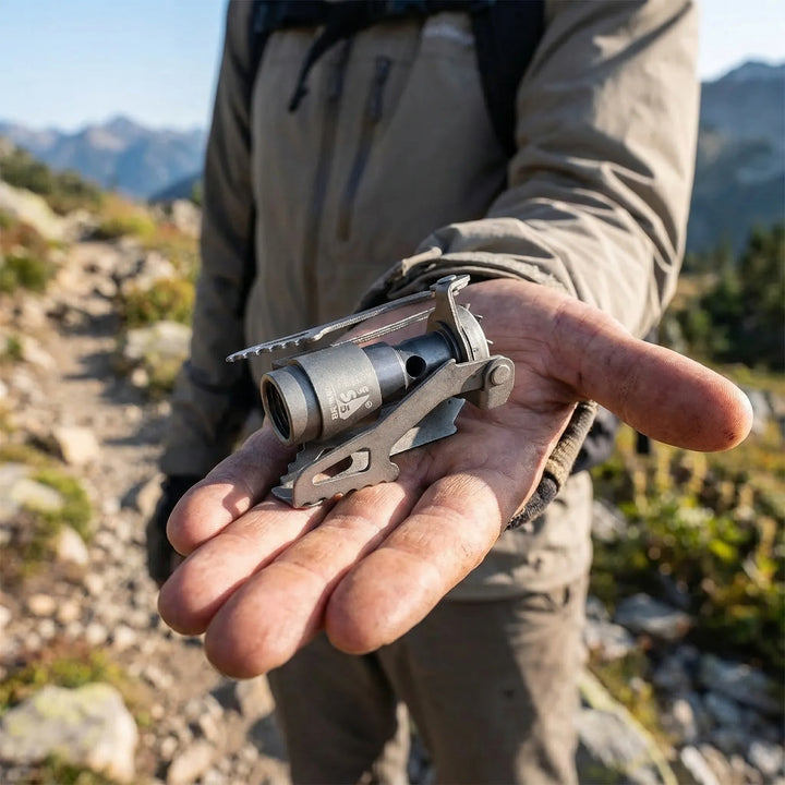 Ultralight folding pocket camping stove for backpacking, ideal for portable outdoor cooking & hiking gear.