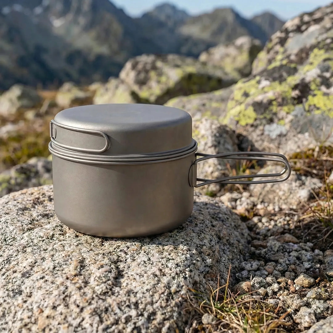 Ultralight folding titanium camp cookware set for backpacking & hiking. Portable outdoor cooking gear.