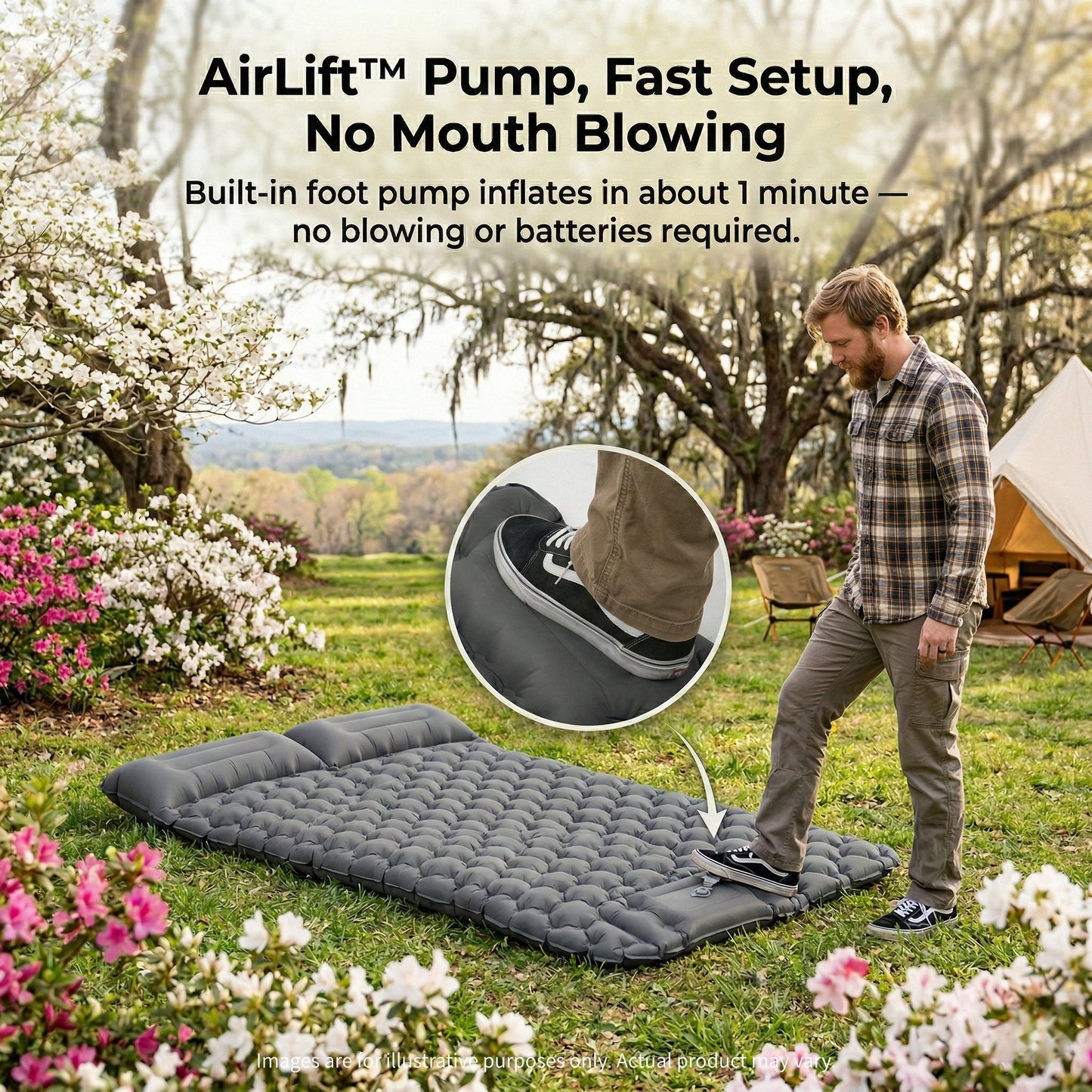 Foot pump inflating an ultralight camping mattress in a tent, demonstrating easy setup.