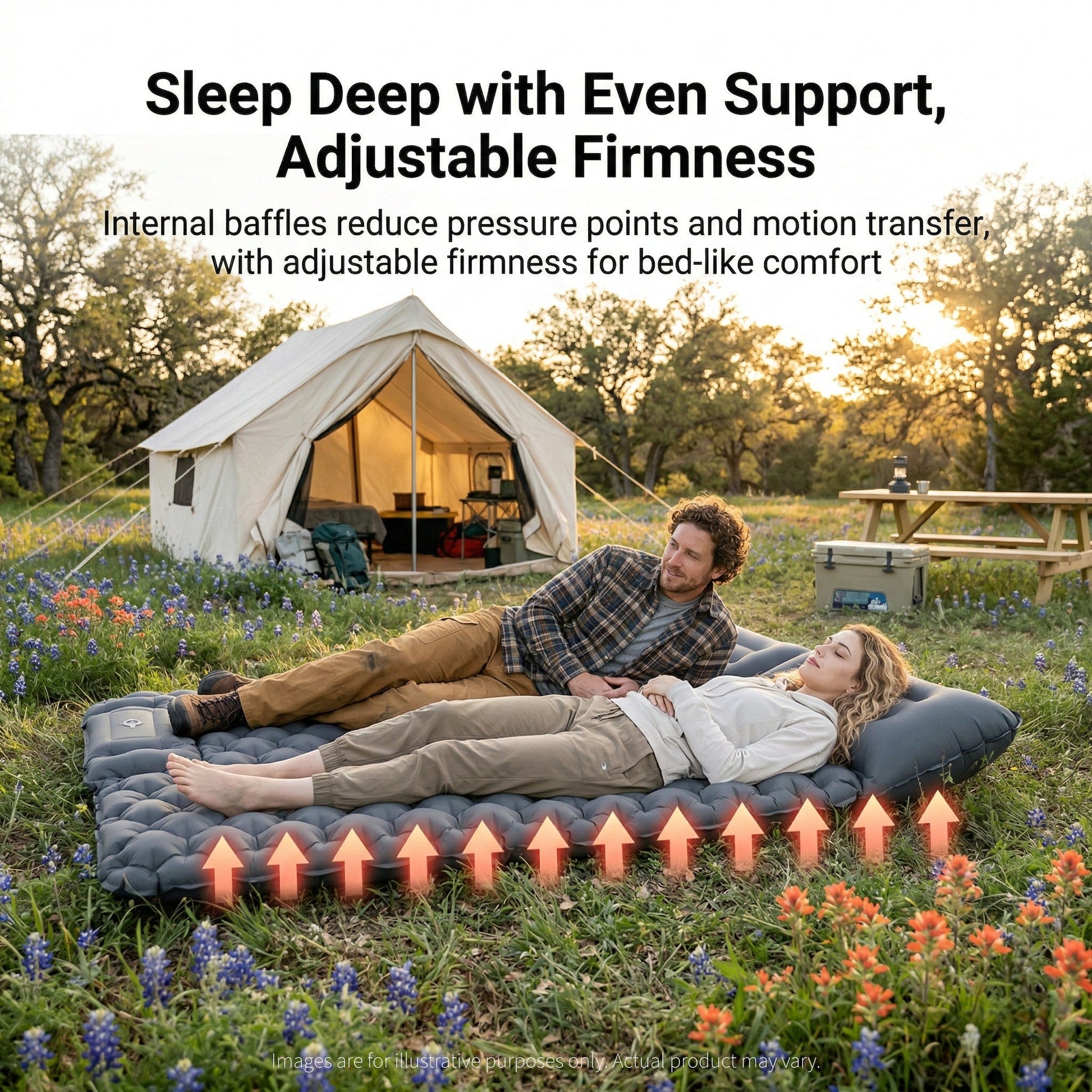 Inflatable camping mattress, fully inflated, providing comfortable outdoor sleeping.