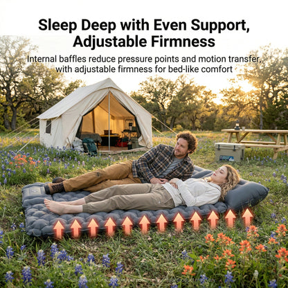 Inflatable camping mattress, fully inflated, providing comfortable outdoor sleeping.