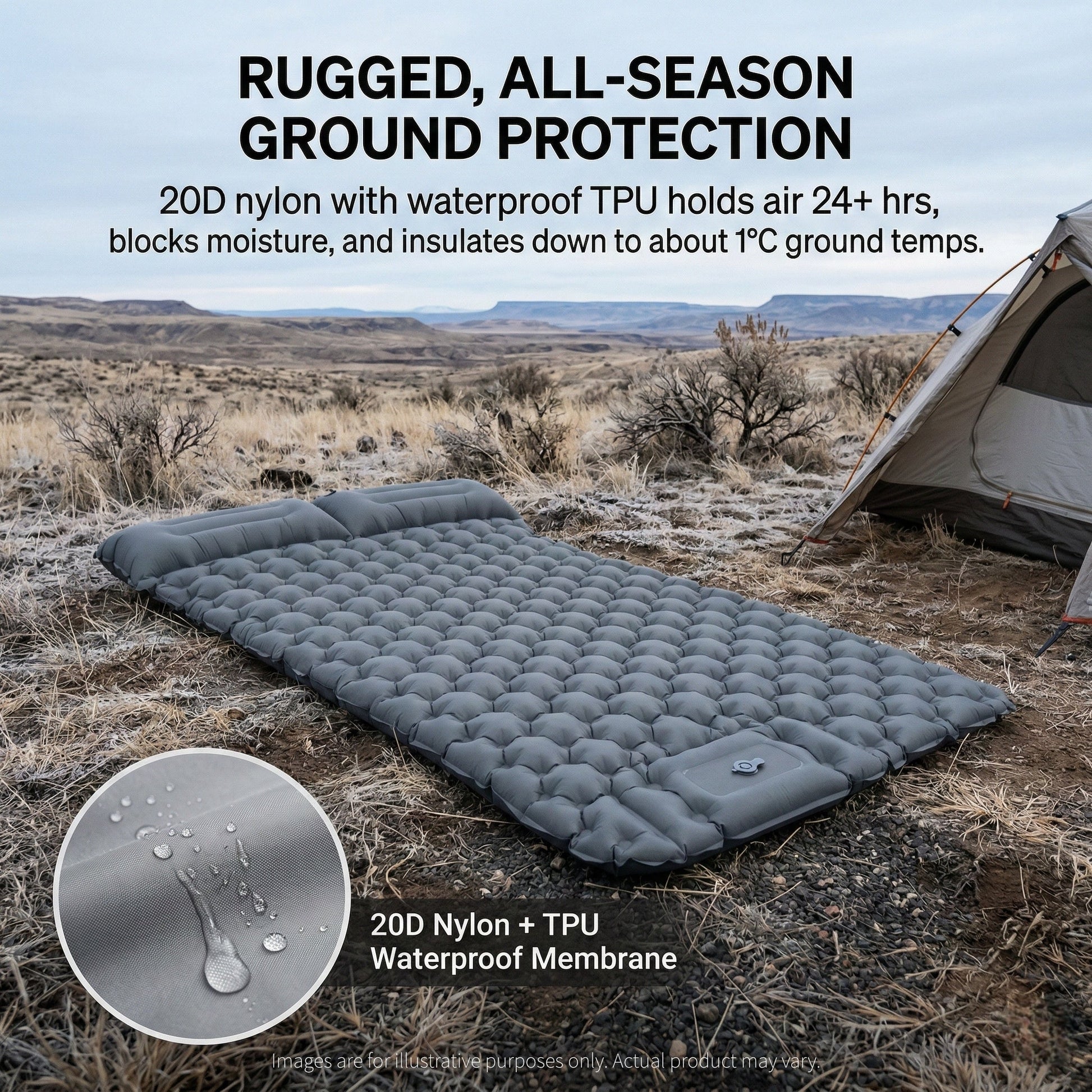Close-up of the integrated foot pump on an ultralight inflatable camping mattress.